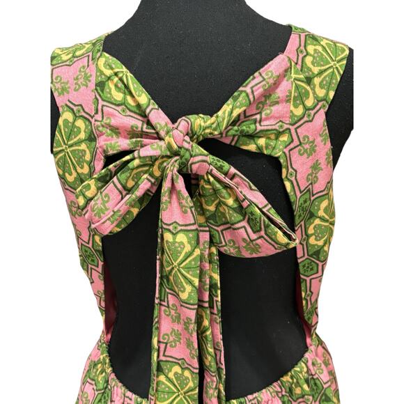 House of Harlow 1960 Linen Blend Halter Mini Dress M Floral Plunge Neck Tie Back - Picture 5 of 7